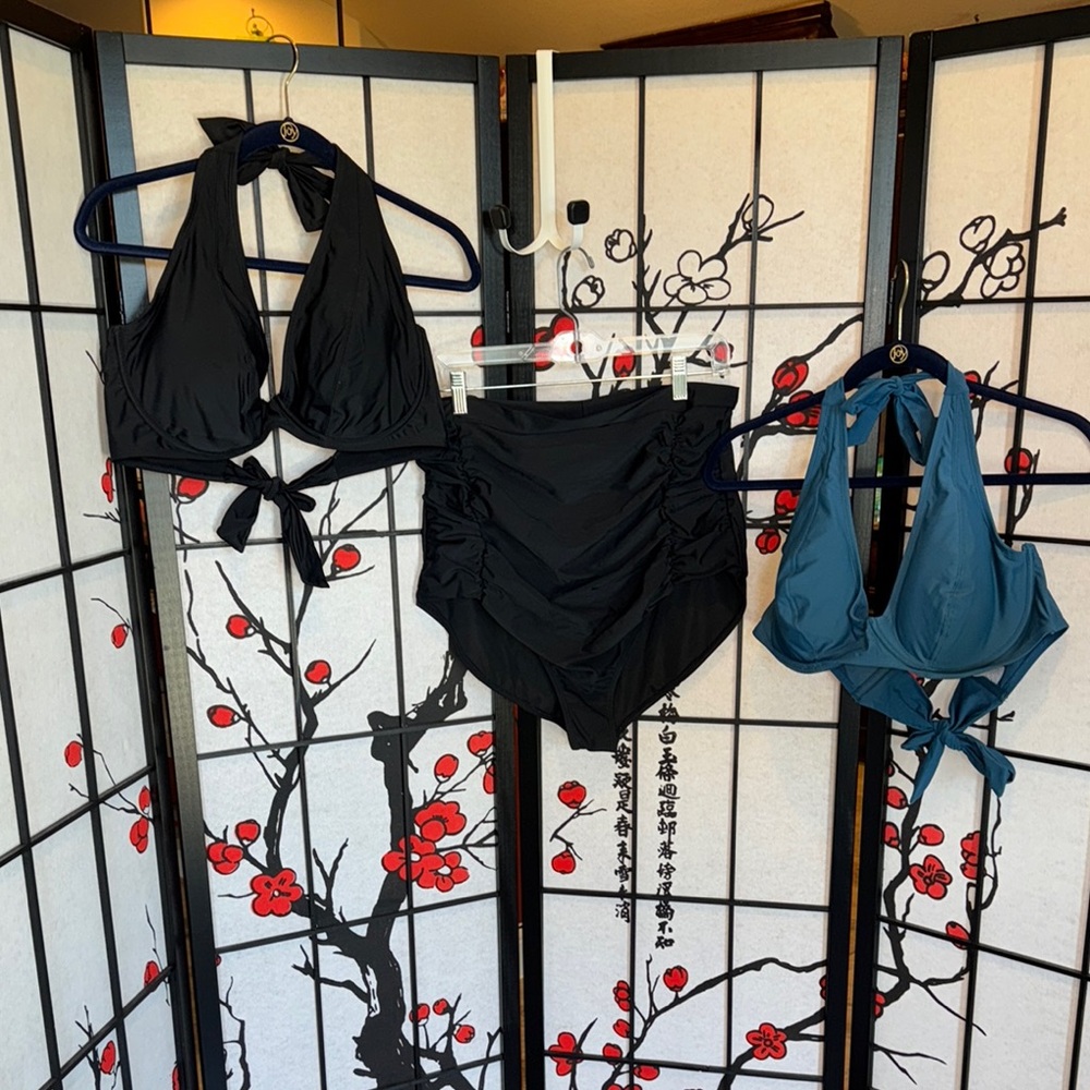 3 Piece Bundle Plus Size 3X 4X Black Blue Halter Bikini Set